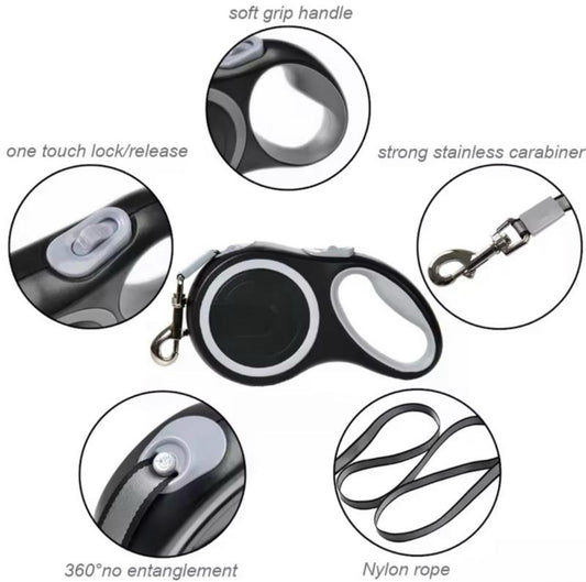 Retractable Dog Leash - Black and Gray Design for Pet Walking Convenience