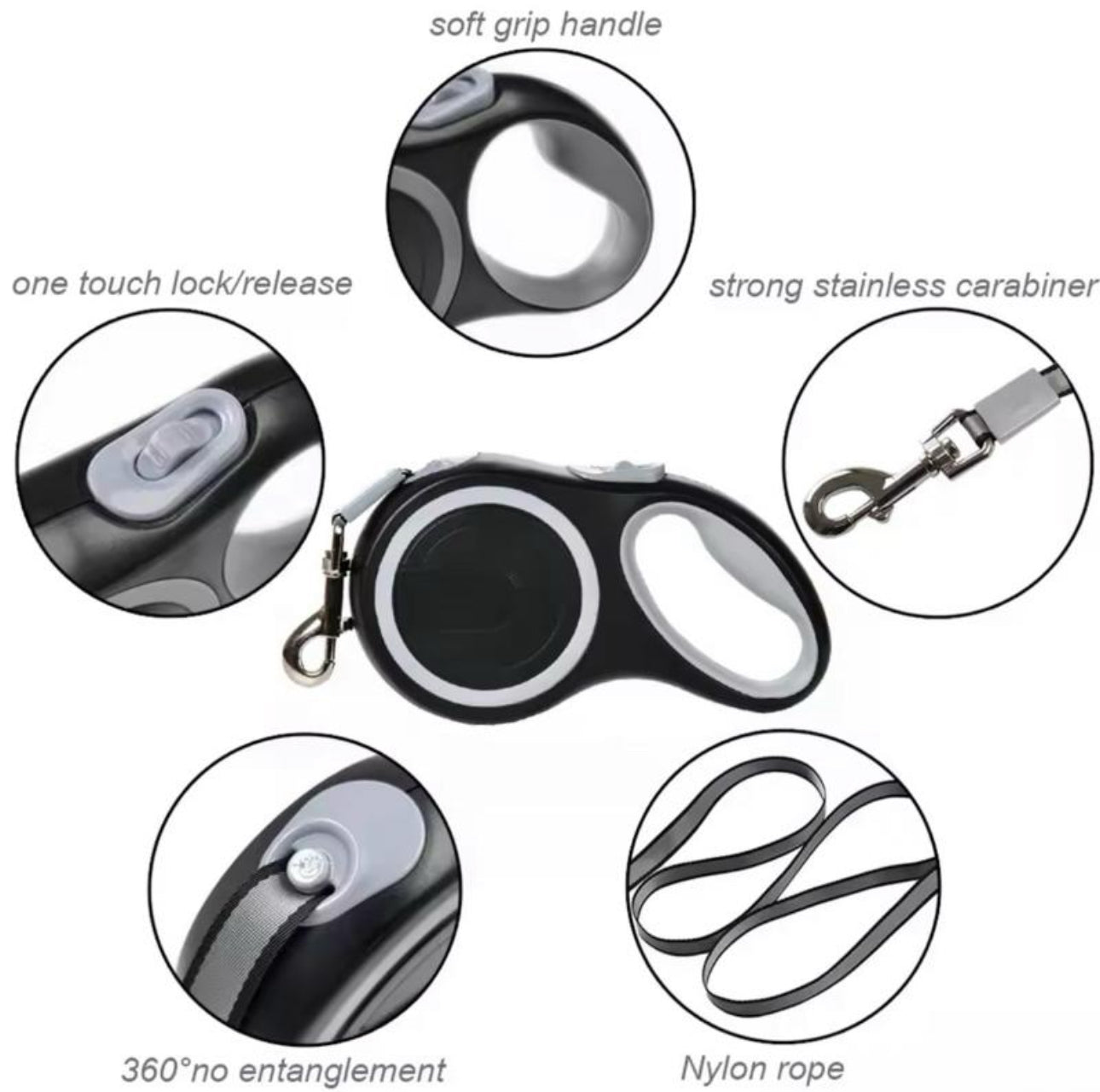 Retractable Dog Leash - Black and Gray Design for Pet Walking Convenience